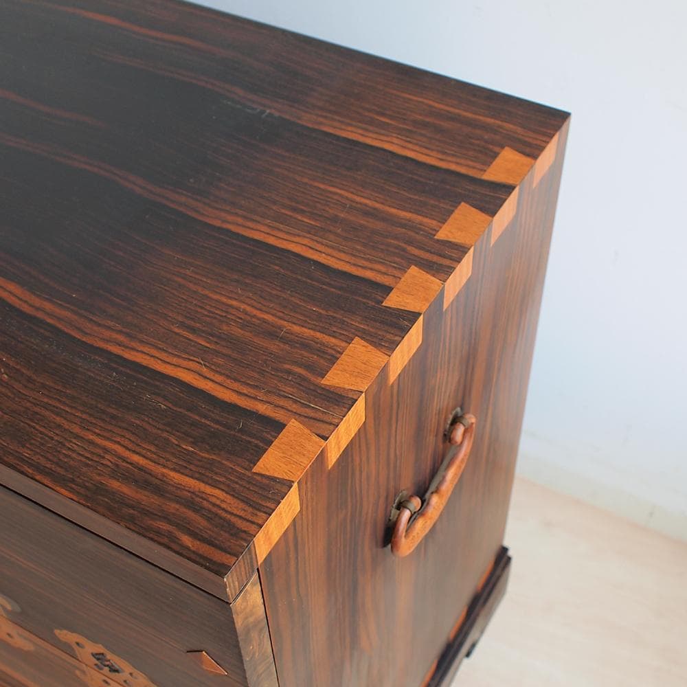 木象嵌 唐木無垢材 3段チェスト 鍵無 寄木