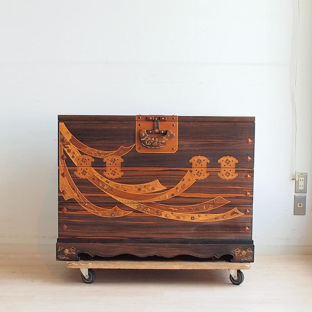 木象嵌 唐木無垢材 3段チェスト 鍵無 寄木