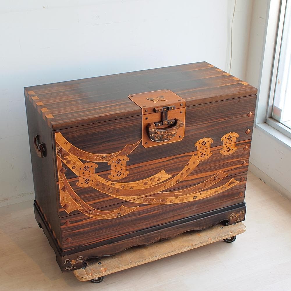 木象嵌 唐木無垢材 3段チェスト 鍵無 寄木