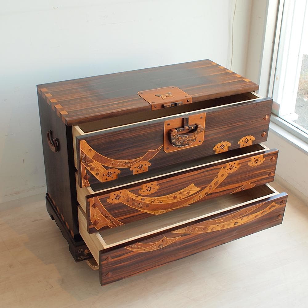 木象嵌 唐木無垢材 3段チェスト 鍵無 寄木