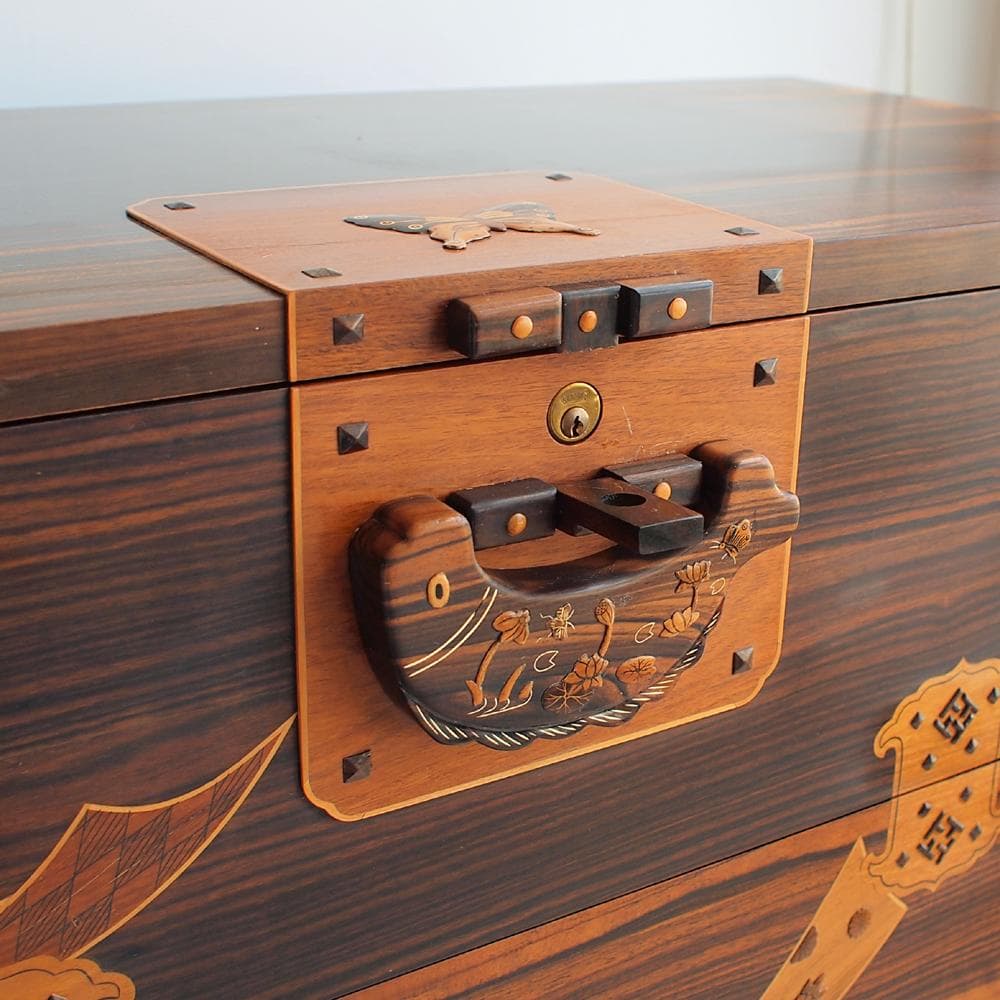 木象嵌 唐木無垢材 3段チェスト 鍵無 寄木