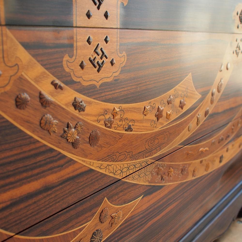 木象嵌 唐木無垢材 3段チェスト 鍵無 寄木