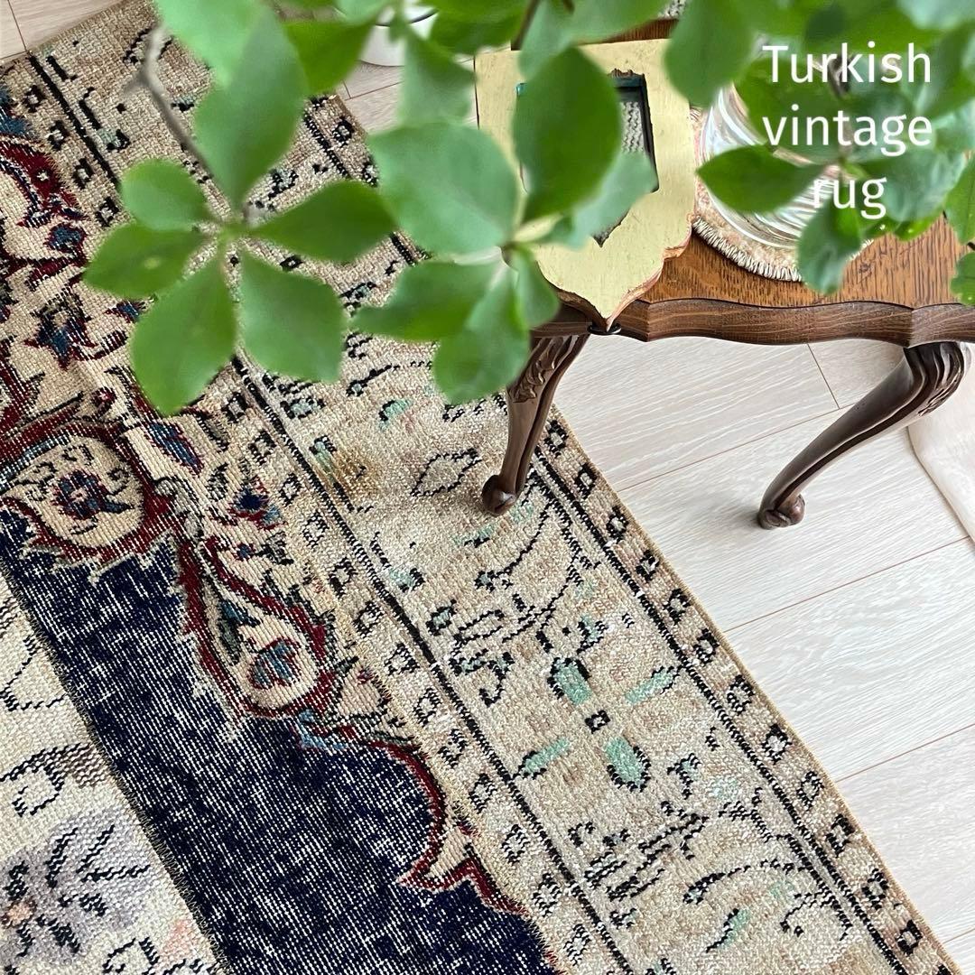 超ロングネイビー65×249レッド　パッチワークランナー　トルコヴィンテージラグ