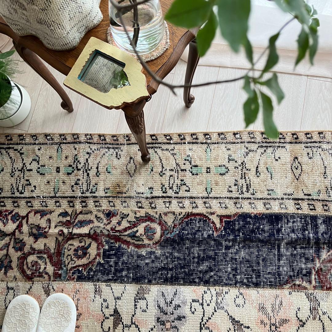 超ロングネイビー65×249レッド　パッチワークランナー　トルコヴィンテージラグ