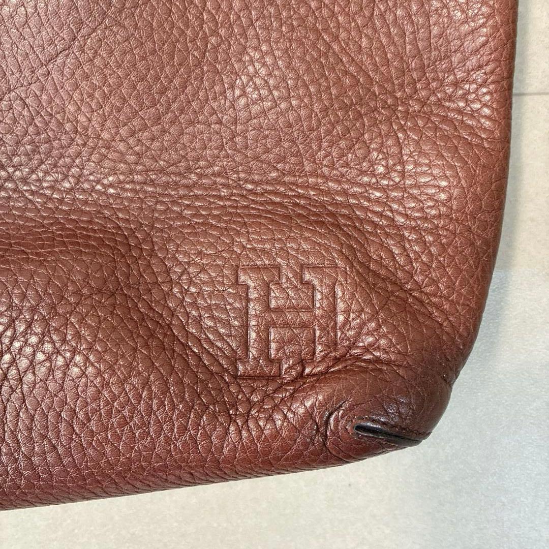 美品 ヒロフ♡レザー ショルダーバッグ 型押しHロゴ シボ革 ブラウン 保存袋付