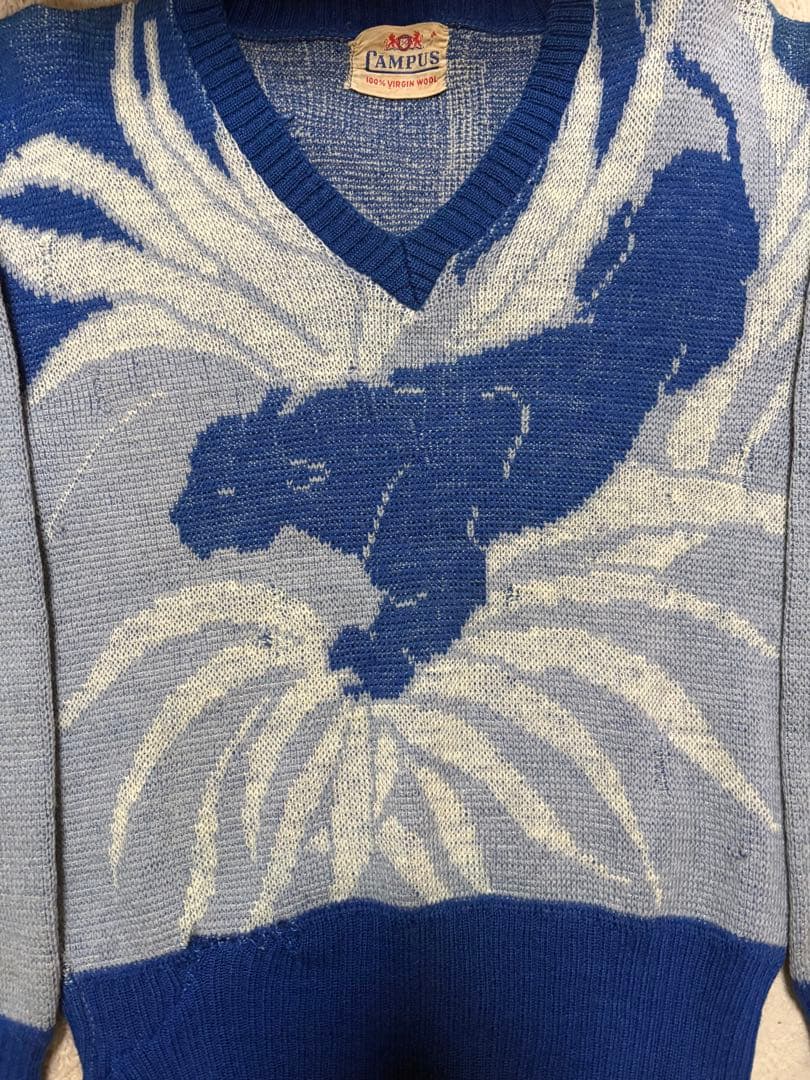 無*ー様 50s ジャガードニット　パンサー　オンブック　青　スペシャル
