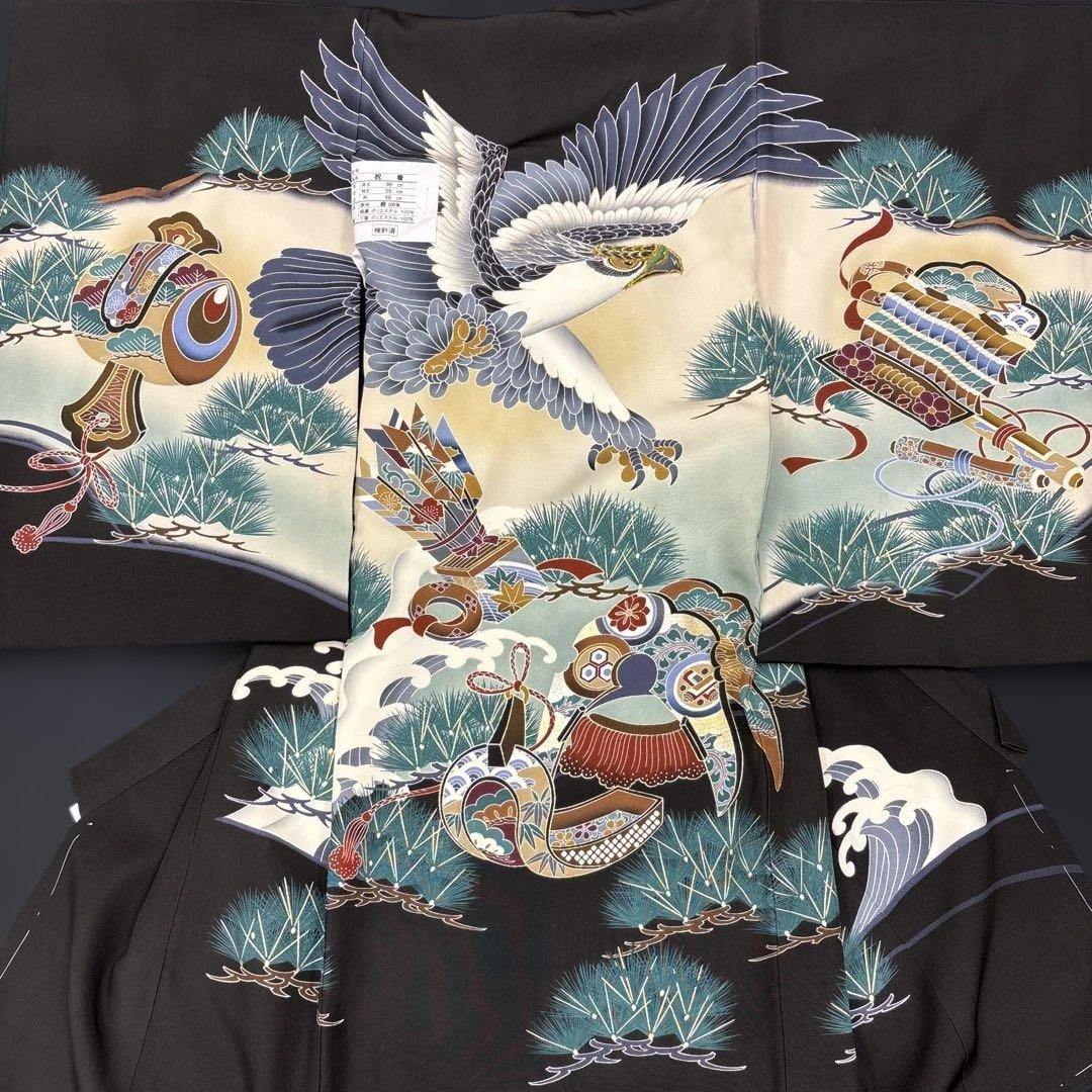 新品正絹産着祝着☆京都本格豪華友禅、金彩、刺繍仕様、特選大鷹と祝古典大王松道具文