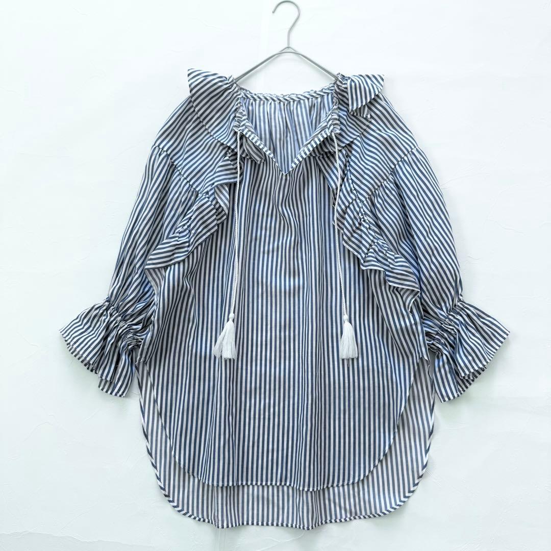 ダイアグラム　カフタンブラウス　タッセル付き　フリル　ストライプ　柔らか