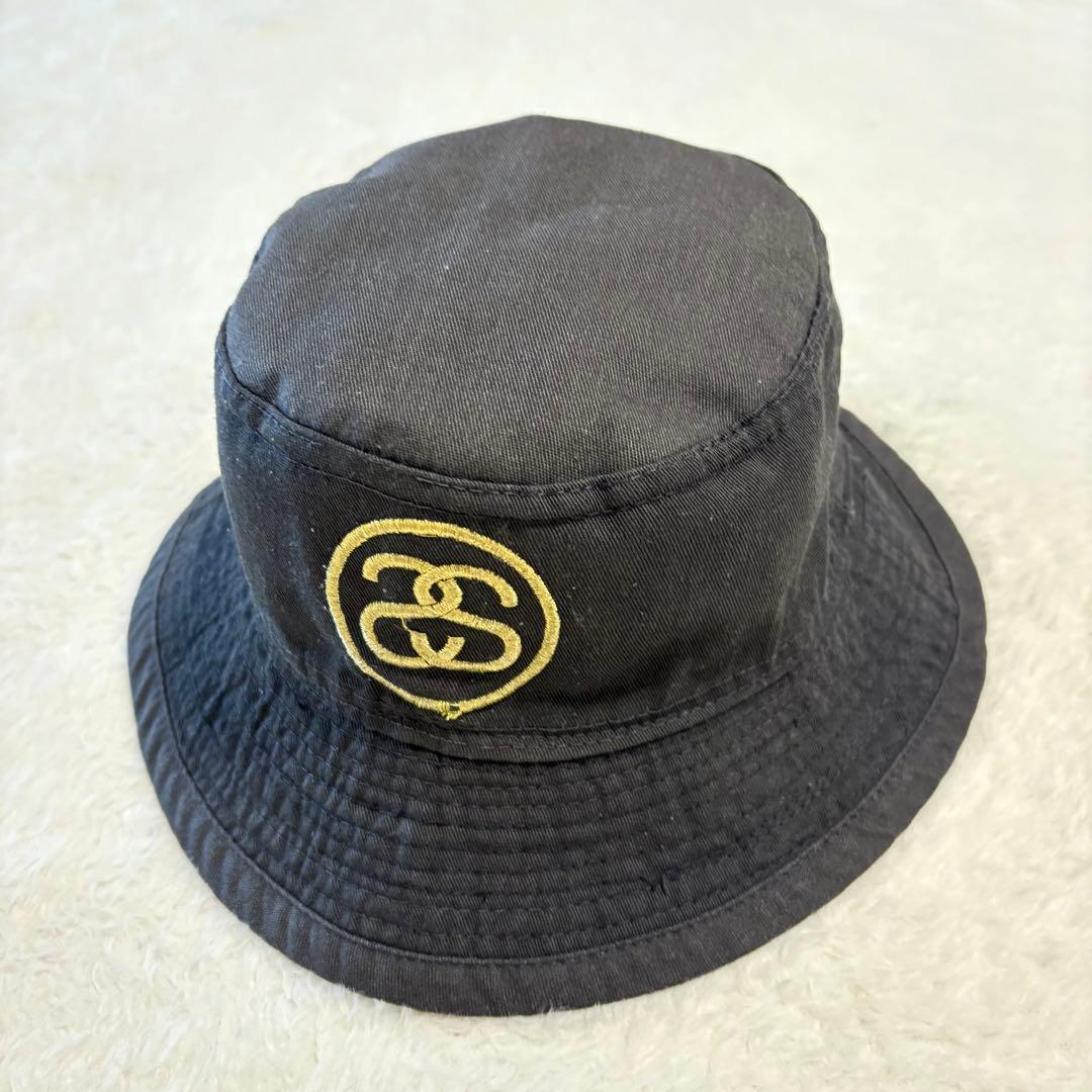 80s ヴィンテージSTUSSY バケットハット SSリンク シャネルロゴ 黒金