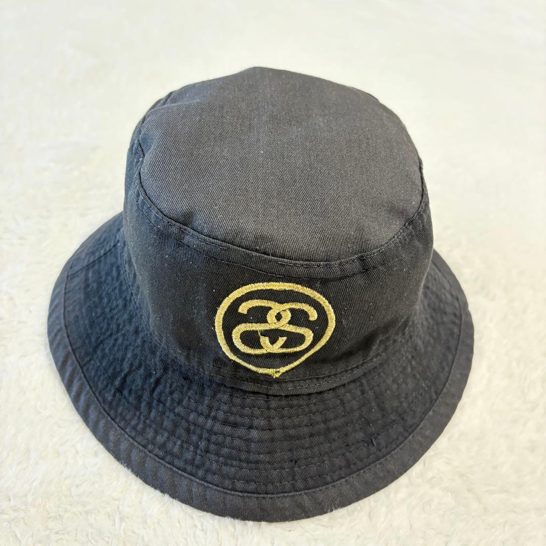 80s ヴィンテージSTUSSY バケットハット SSリンク シャネルロゴ 黒金