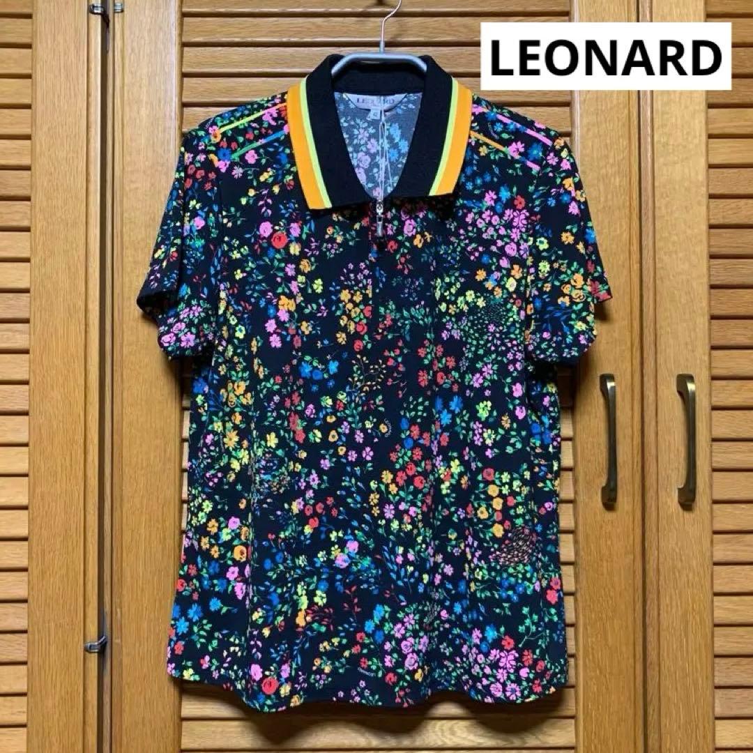 新品保管品LEONARDレオナールスポーツブラック小花柄半袖ポロシャツゴルフにも