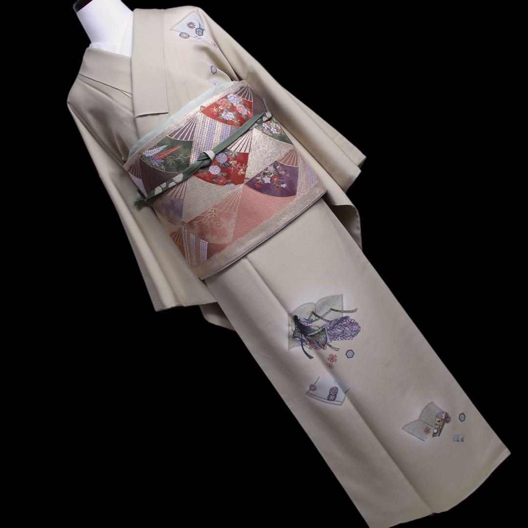 美品　読み本に十二単模様訪問着/裄69 スーパートールサイズ　ベージュ　d5