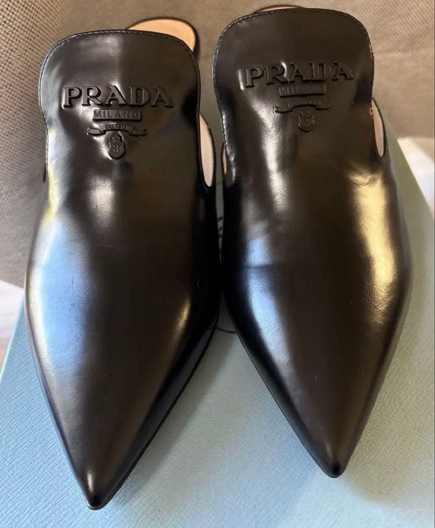 PRADA ロゴ ミュール サンダル38.5黒色 レザー 新品未使用 正規品