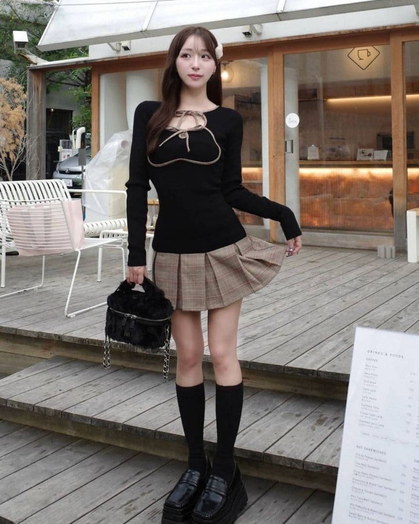 新品 ポイントチェックニットミニワンピース ダーリッチ BLK