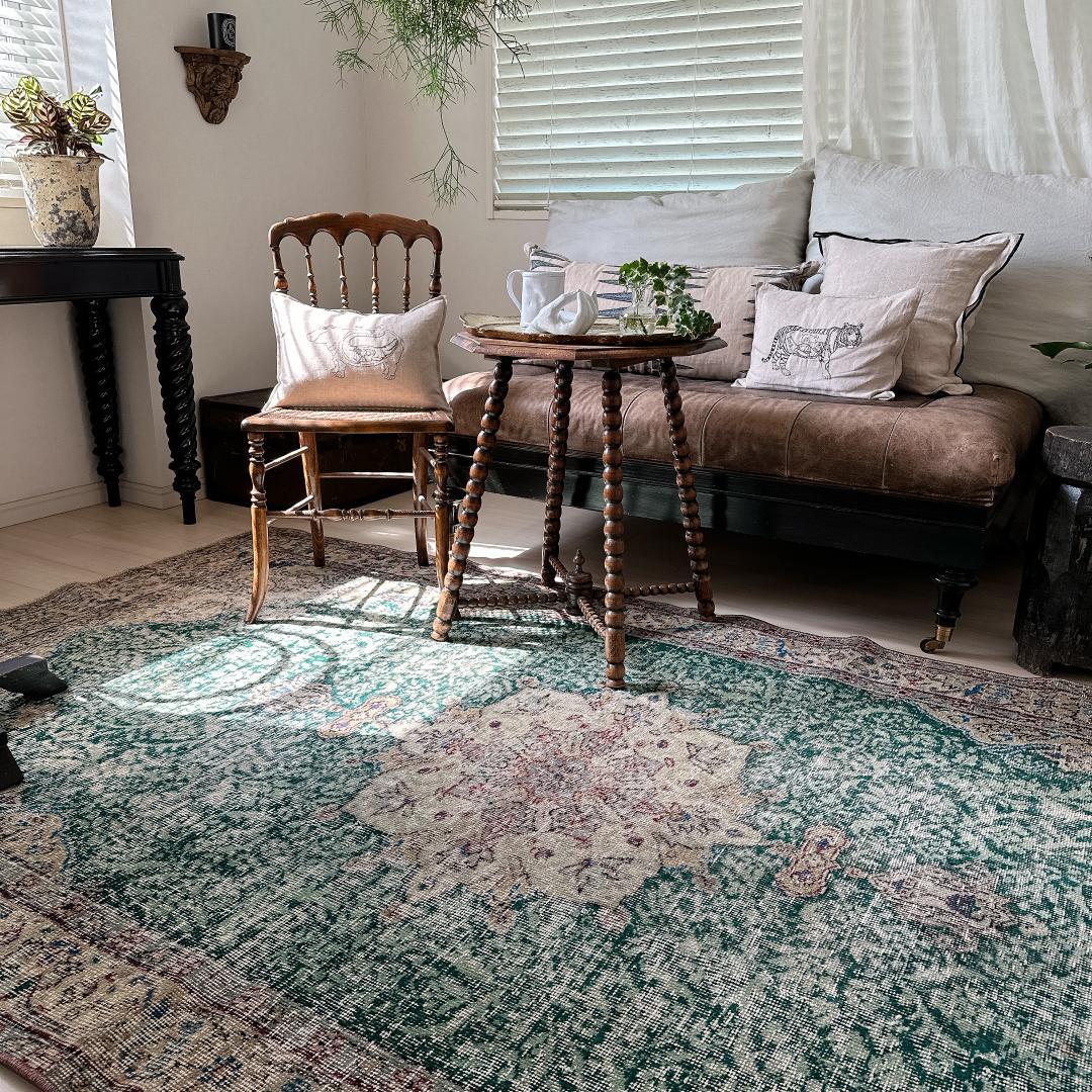 トルコ ヴィンテージラグ A22 超大判 レア グリーン グレージュ ブルー