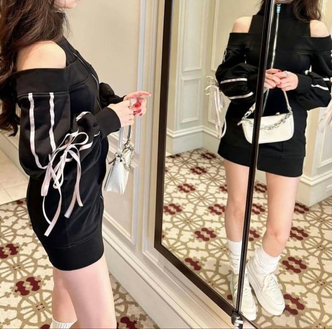 amerge リボン オフショル スウェット ワンピース M ブラック