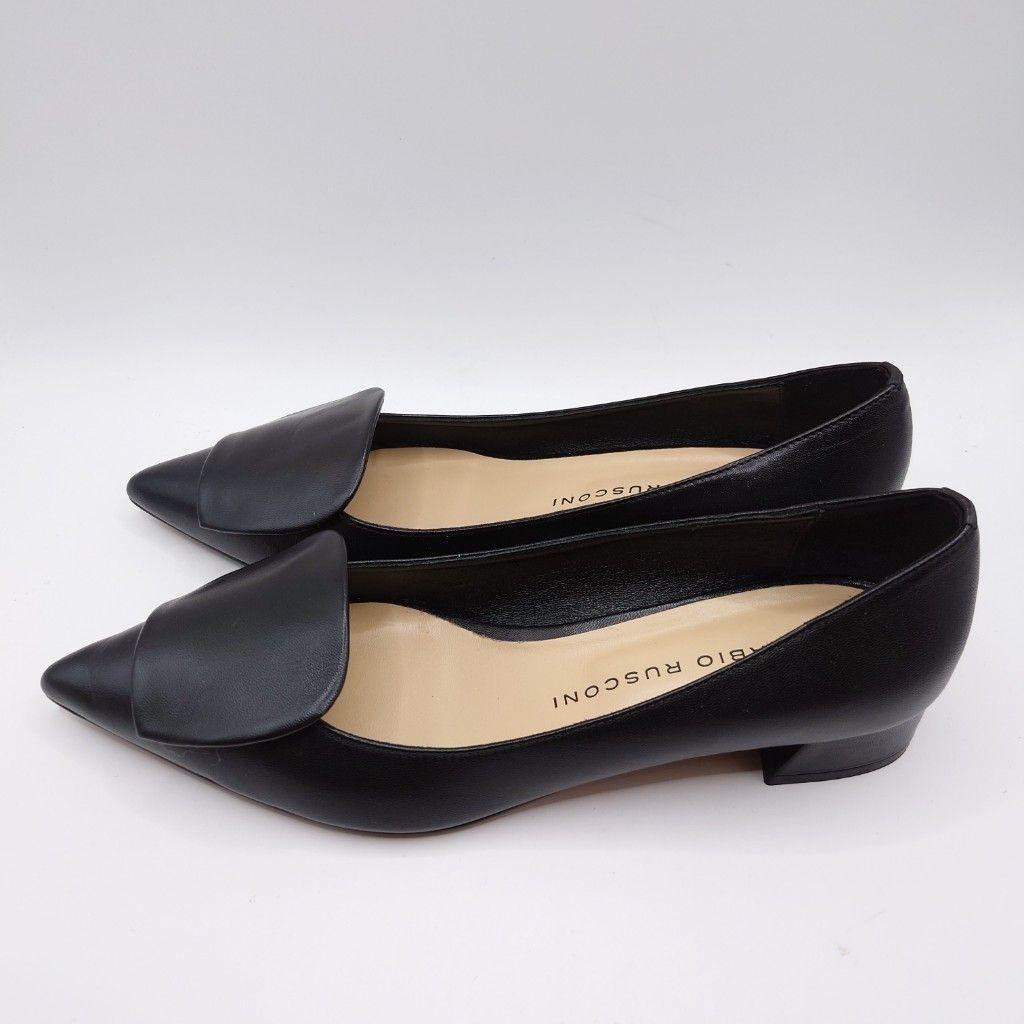 ファビオルスコーニ ブラックレザーポインテッドトゥフラットシューズ 25cm