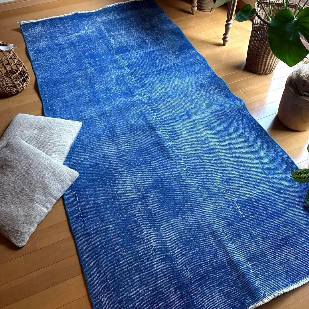 99×212青空色オーバーダイ　ワンカラー　ブルートルコヴィンテージラグ
