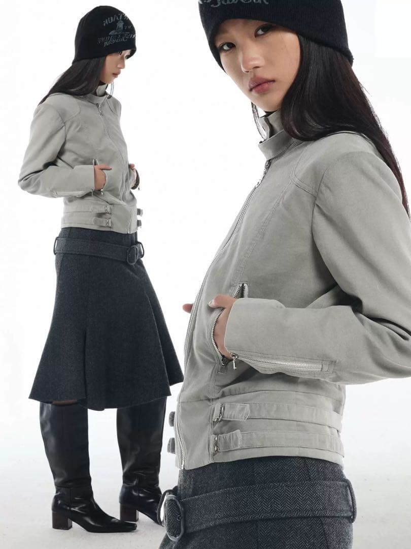 グレー シングルライダースジャケット パンク コーデュロイ