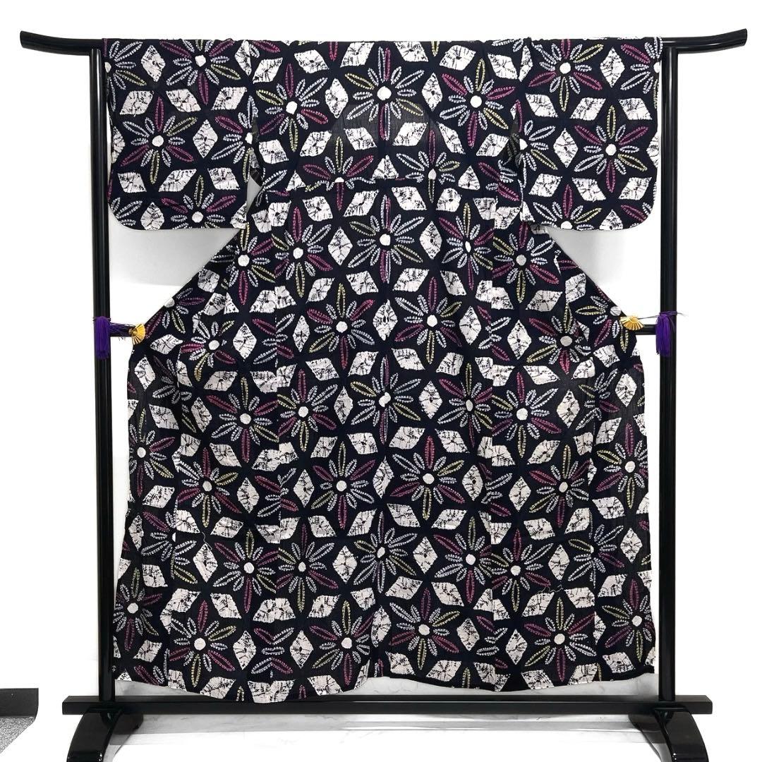 浴衣　有松鳴海絞り　花模様　菱　藍染　ネイビー　着物　063a d