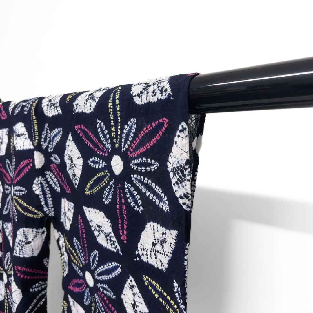 浴衣　有松鳴海絞り　花模様　菱　藍染　ネイビー　着物　063a d