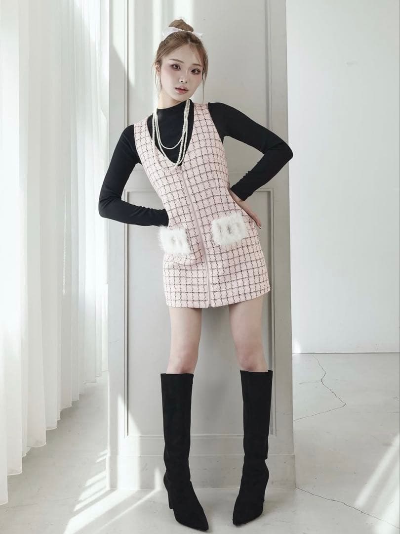 Darich ダーリッチ フロントファスナーツイードミニワンピース