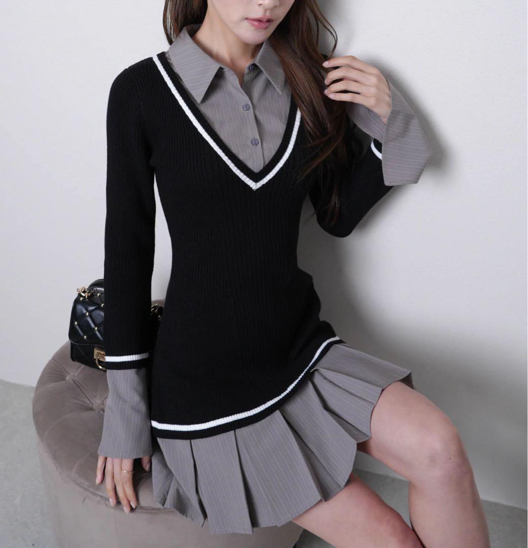 3新品リップサービス定価13750円シャツドッキングプリーツワンピース黒