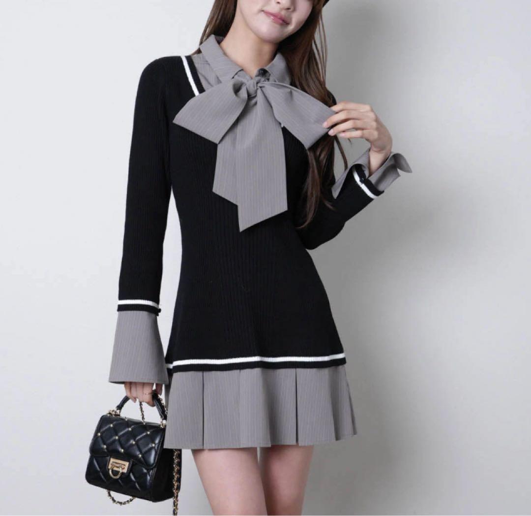 3新品リップサービス定価13750円シャツドッキングプリーツワンピース黒