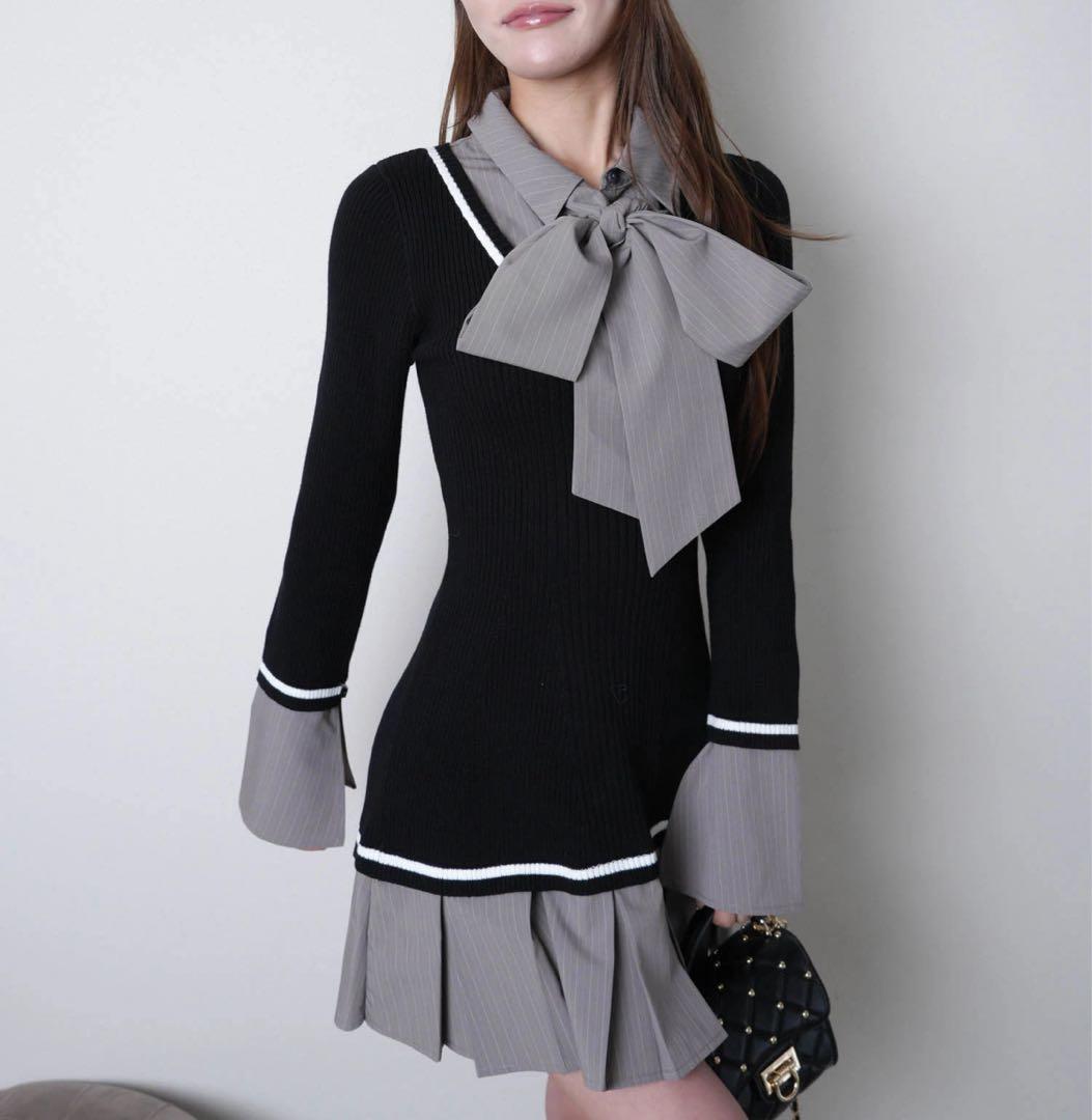 3新品リップサービス定価13750円シャツドッキングプリーツワンピース黒