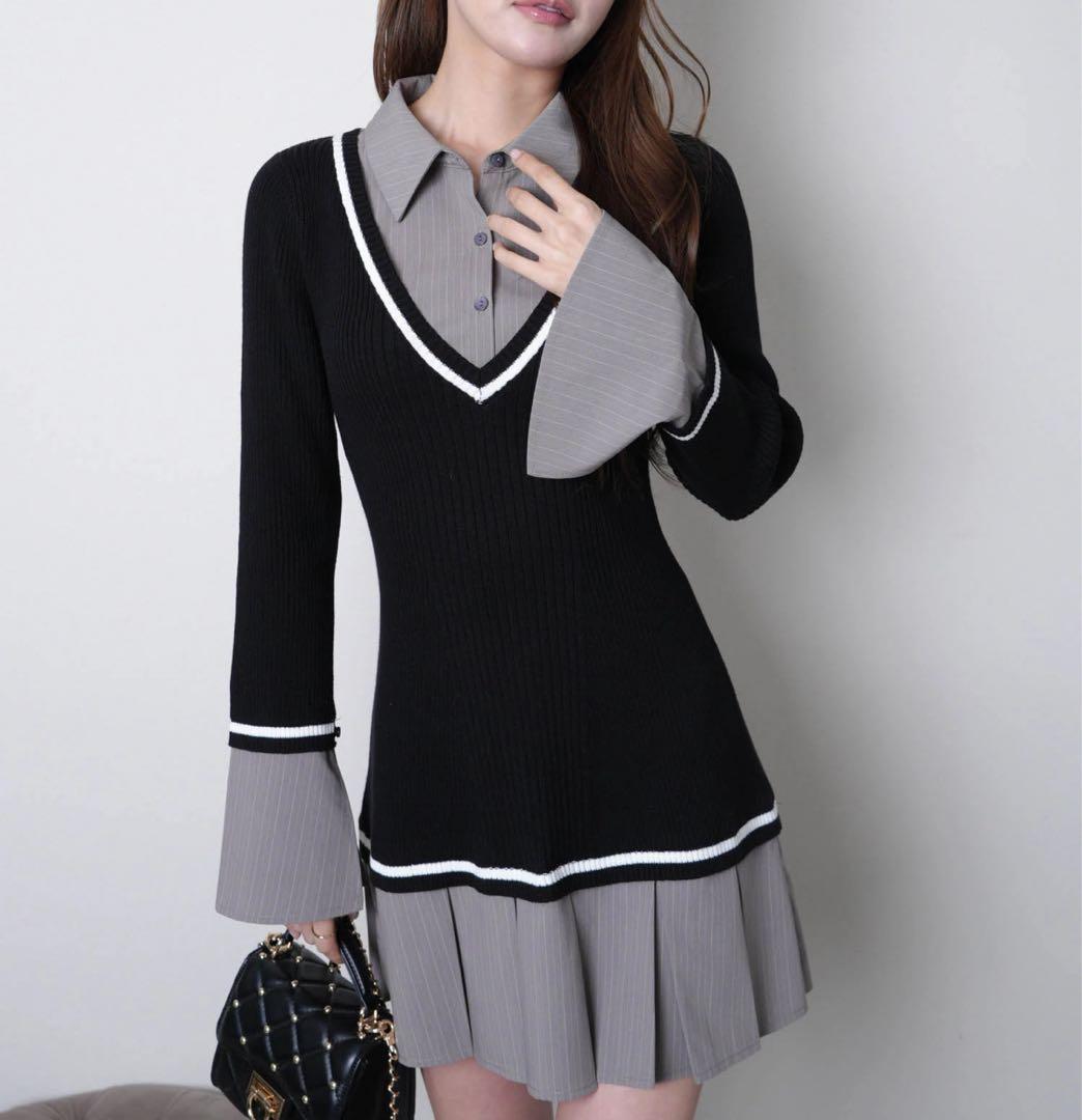 3新品リップサービス定価13750円シャツドッキングプリーツワンピース黒