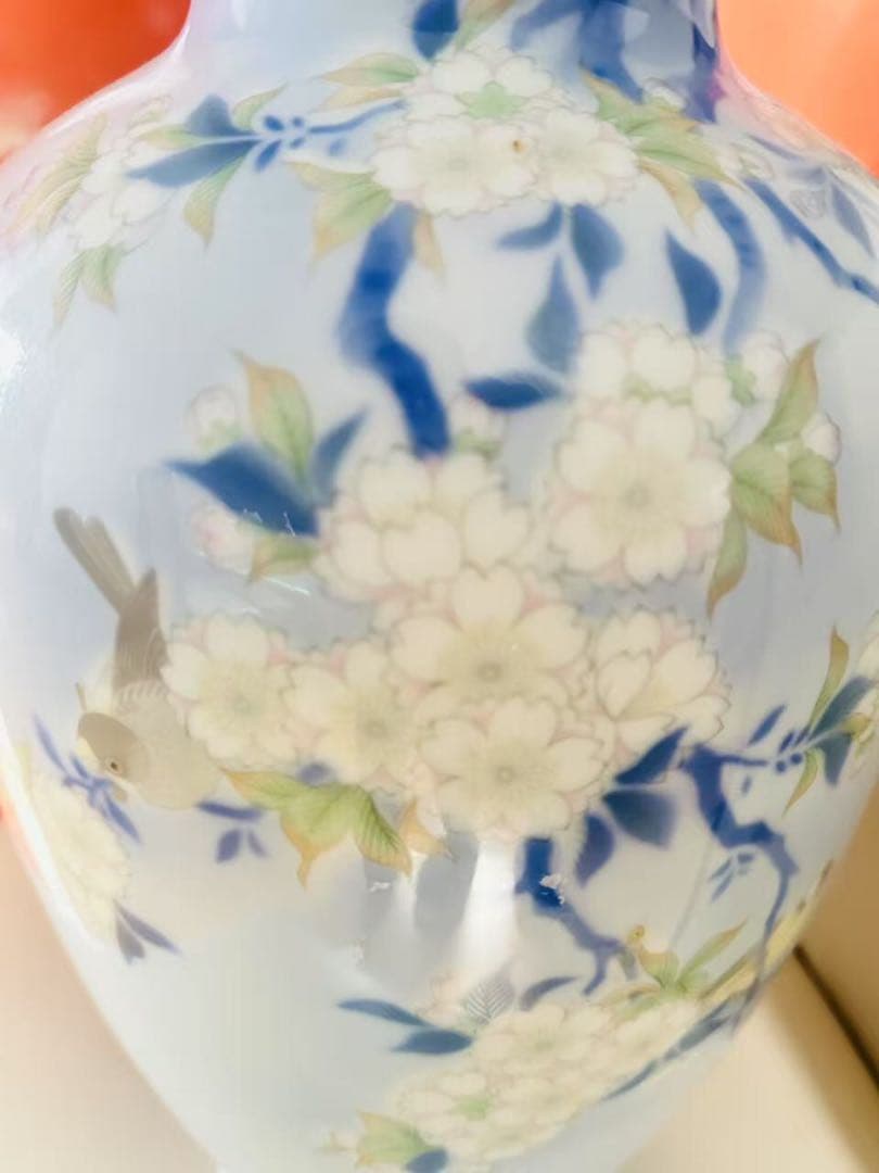 染付官窯 宮内庁御用達 深川製磁 花瓶 花鳥図 高さ約37.5cm 深川製磁共箱
