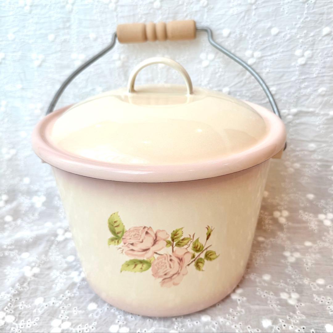 希少レア 旧イマン ダイアナローズ フタ付きミニバケツ ホーロー 花柄雑貨