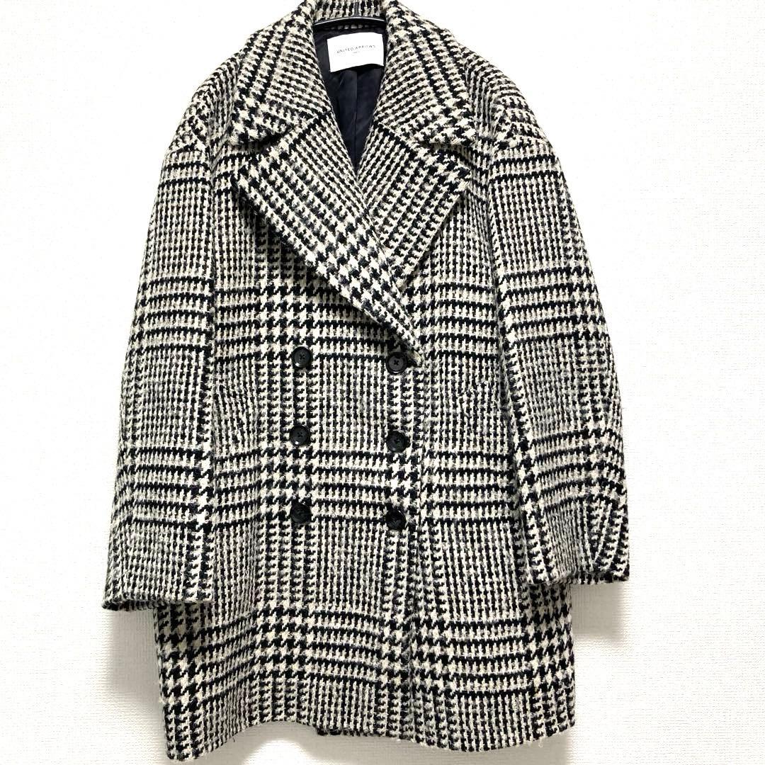 ユナイテッドアローズ　アルパカ混　ビッグ　チェック　ピーコート　ツイード　日本製