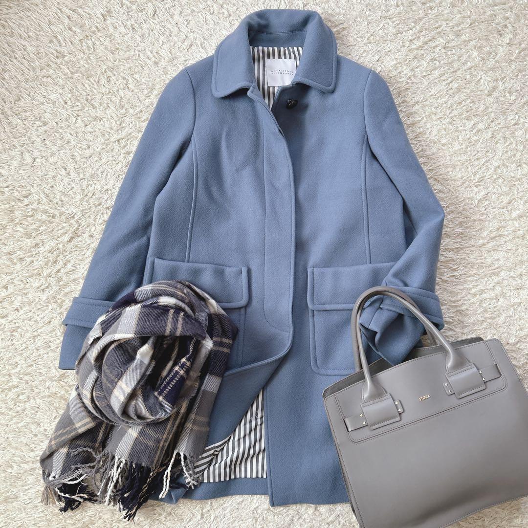 美品　マッキントッシュフィロソフィー　メルトンステンカラーコート　青　カシミヤ