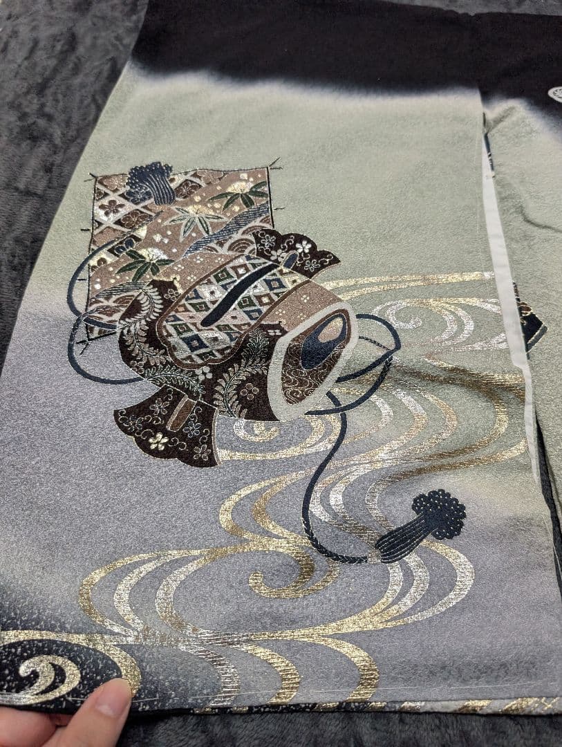 正絹 金彩 銀彩 産着 初着 男の子 男 家紋入り 紋 波 新品未使用 襦袢付き