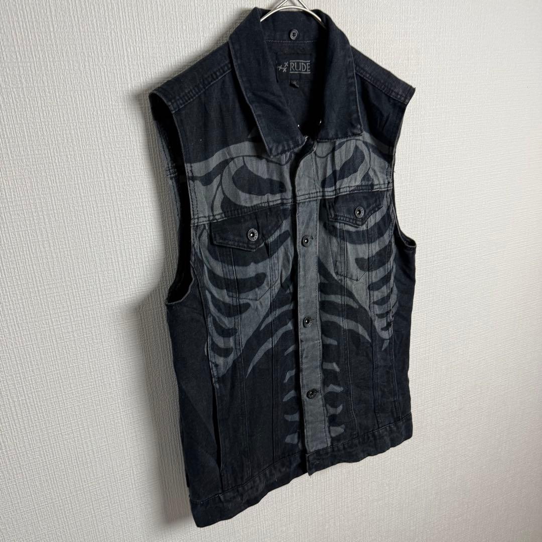 100 RUDE ルード スカルボーン総柄デニムトラッカーベスト 墨黒