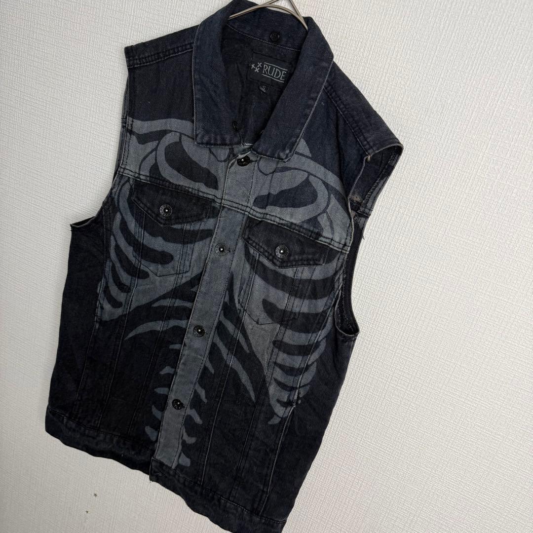 100 RUDE ルード スカルボーン総柄デニムトラッカーベスト 墨黒