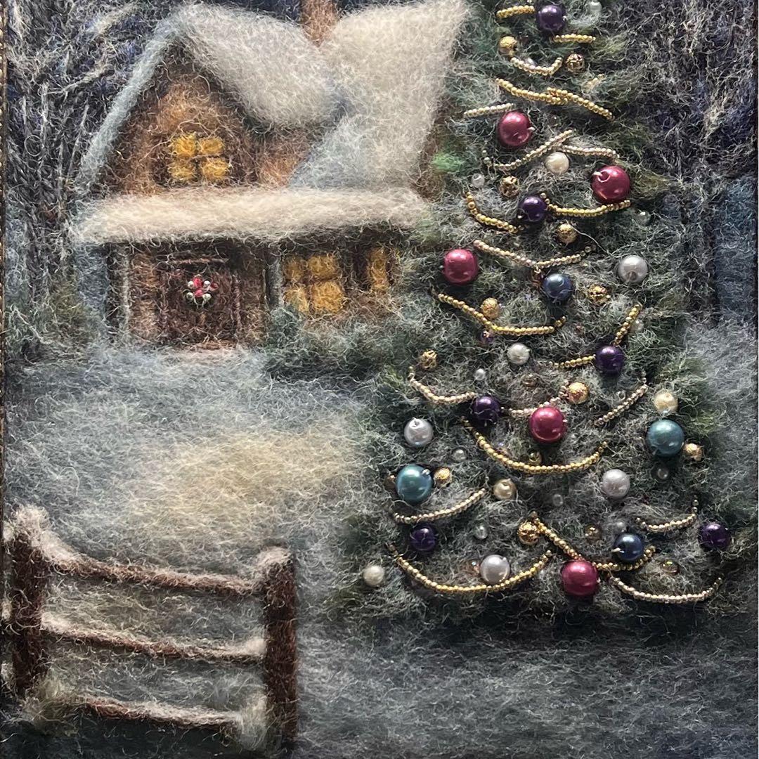 バ*ナ様 羊毛フェルト　羊毛絵画　『銀世界のクリスマス』ハンドメイド　羊毛刺繍