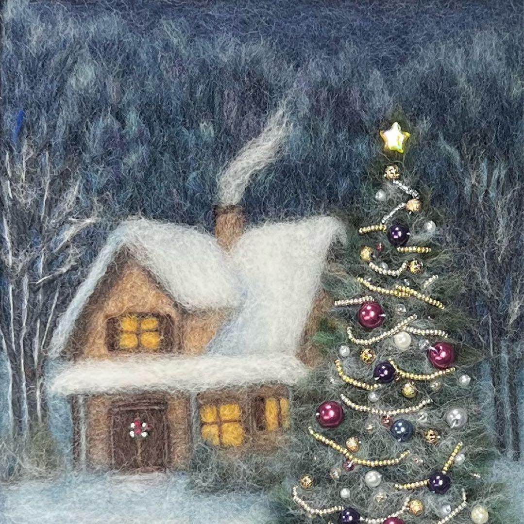 バ*ナ様 羊毛フェルト　羊毛絵画　『銀世界のクリスマス』ハンドメイド　羊毛刺繍