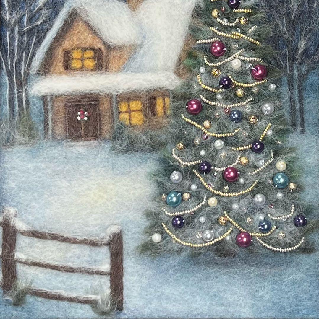 バ*ナ様 羊毛フェルト　羊毛絵画　『銀世界のクリスマス』ハンドメイド　羊毛刺繍