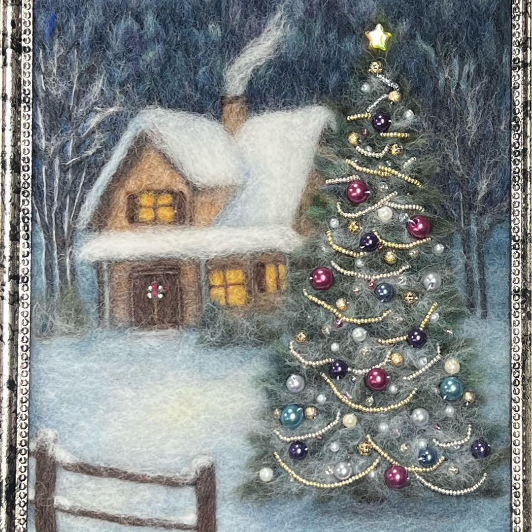 バ*ナ様 羊毛フェルト　羊毛絵画　『銀世界のクリスマス』ハンドメイド　羊毛刺繍