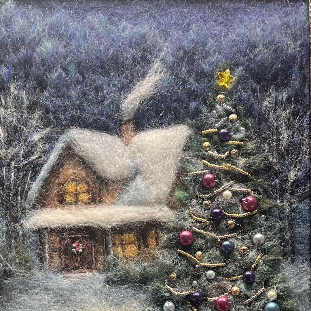 バ*ナ様 羊毛フェルト　羊毛絵画　『銀世界のクリスマス』ハンドメイド　羊毛刺繍