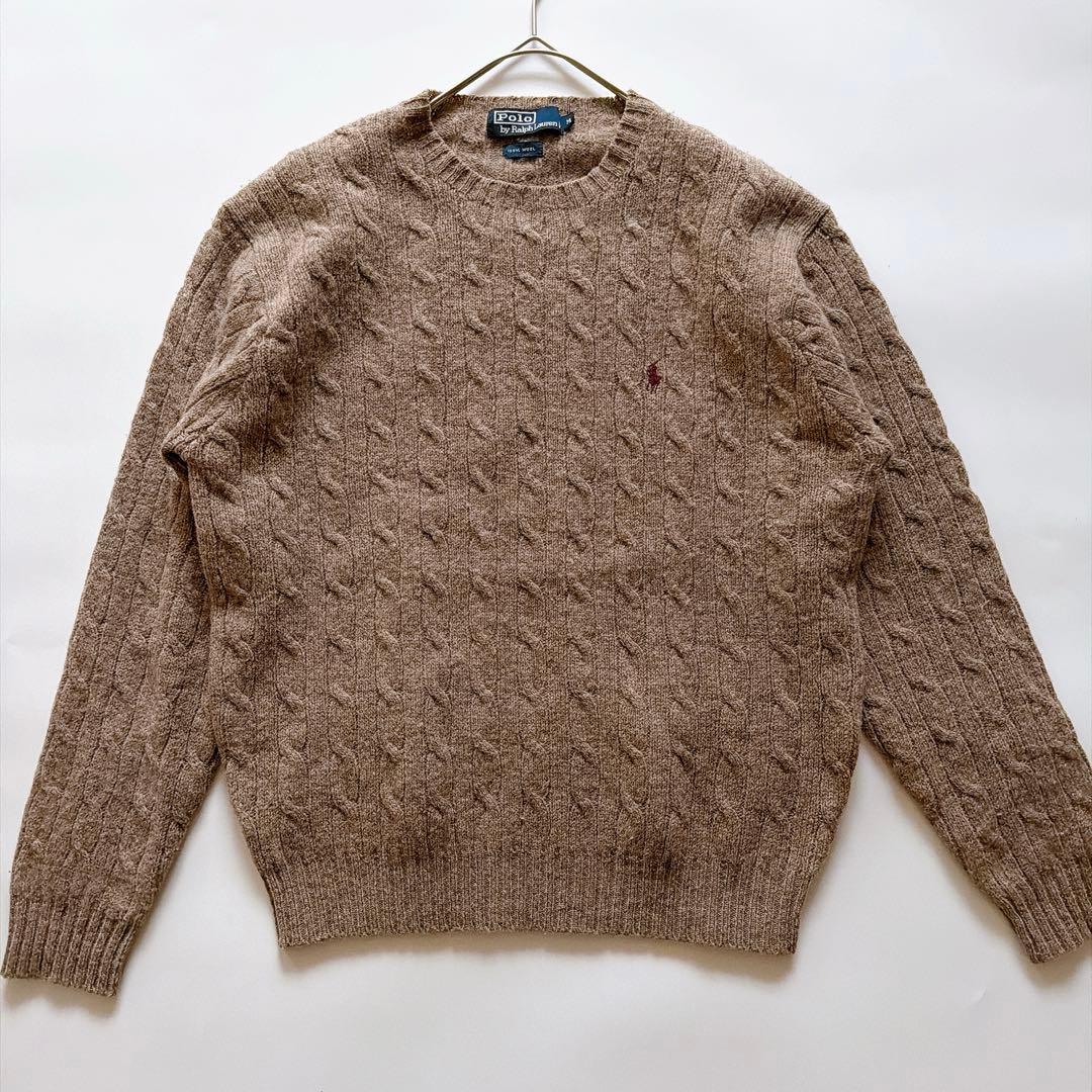 90s ポロバイラルフローレン ウール ケーブルニット ポニー M キャメル