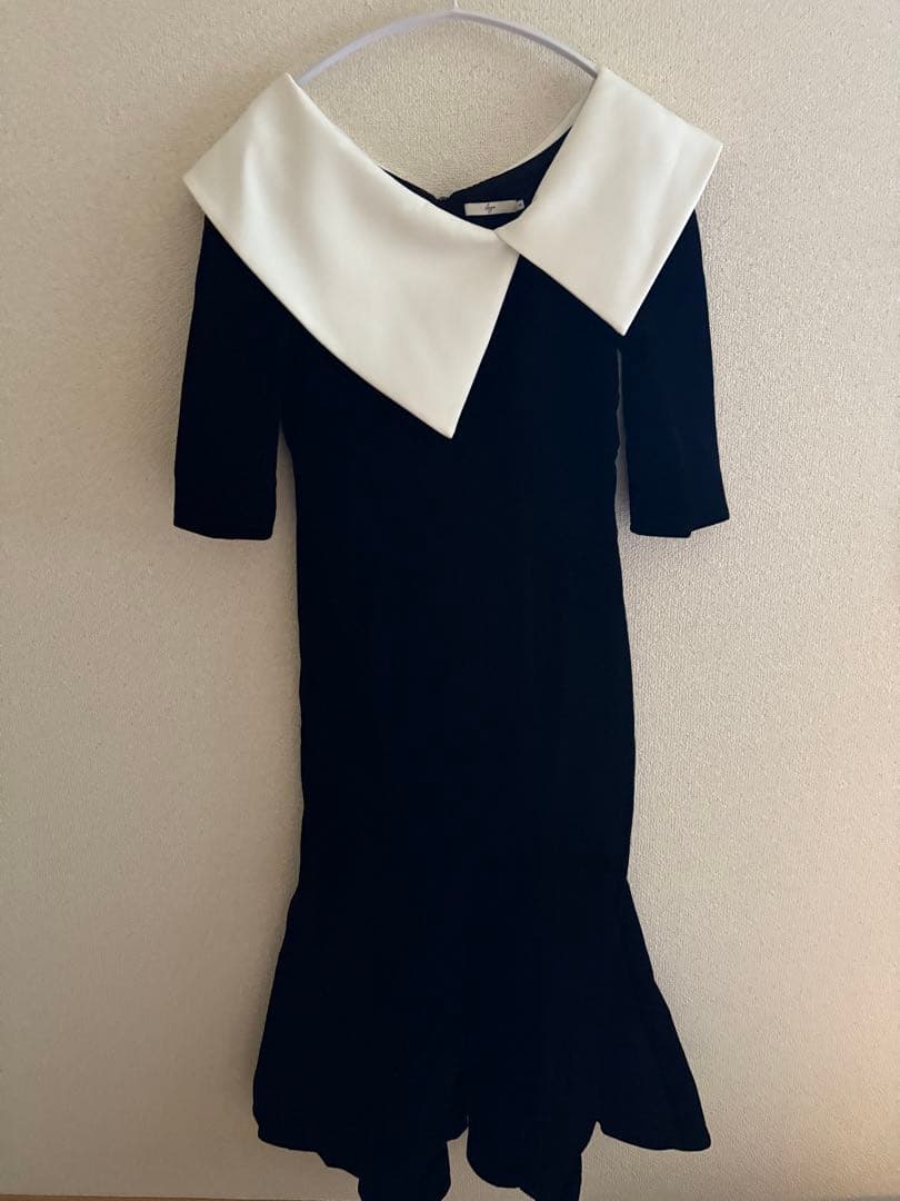 【LEJA】配色アシンメトリービッグカラーベロアマーメイドシルエットドレス