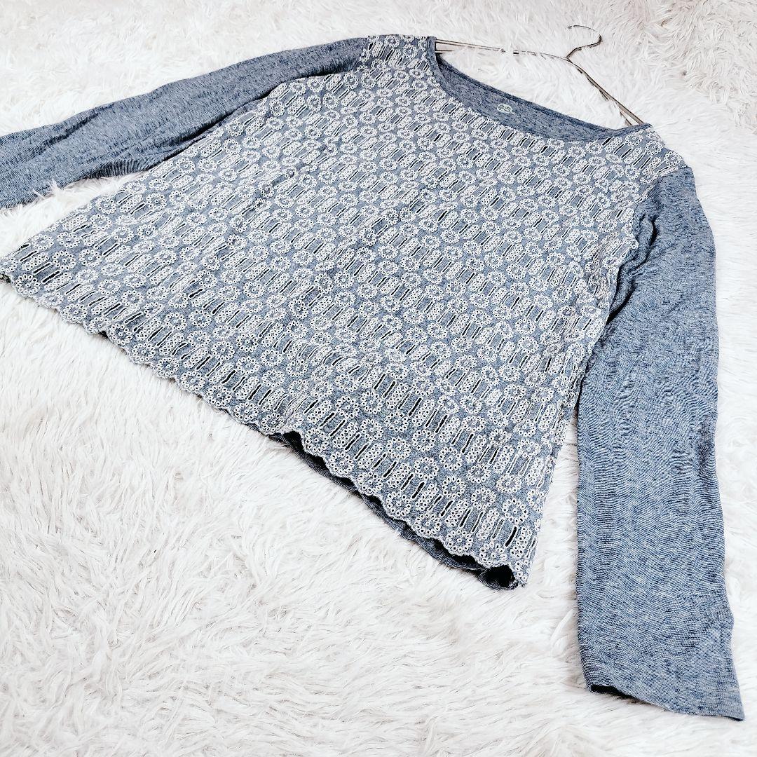 【タグ付き未使用】 45R カットワーク インディゴ染め 刺繍 カットソー M