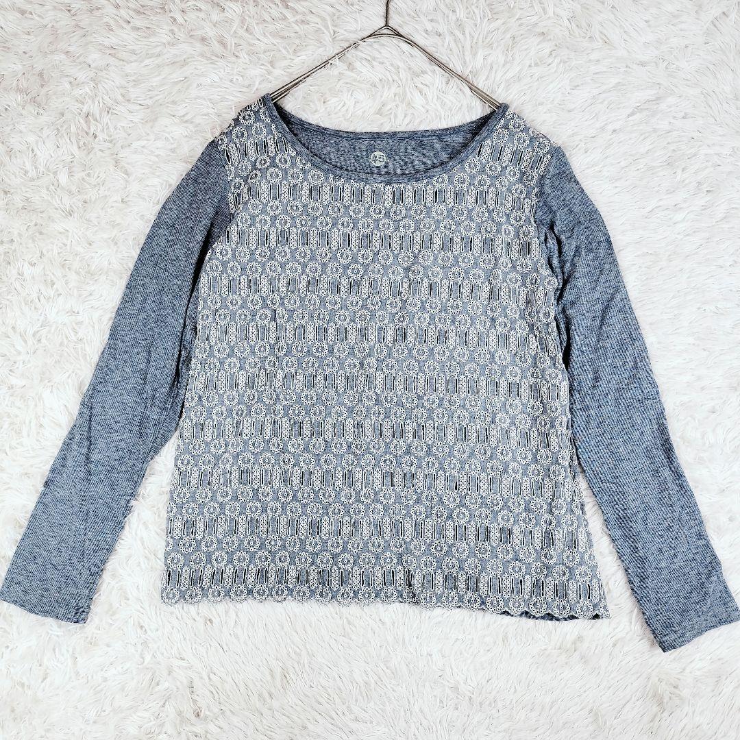 【タグ付き未使用】 45R カットワーク インディゴ染め 刺繍 カットソー M