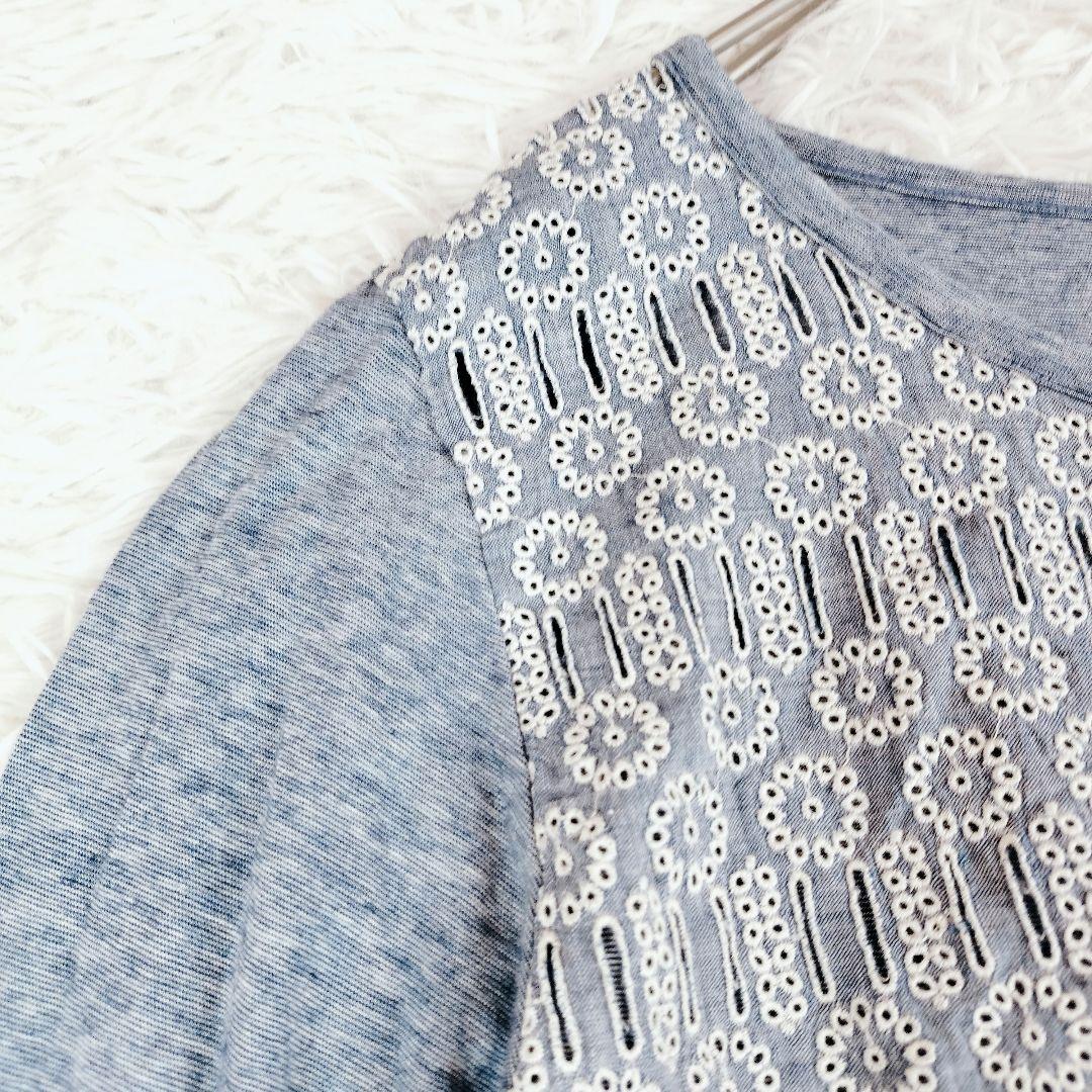 【タグ付き未使用】 45R カットワーク インディゴ染め 刺繍 カットソー M