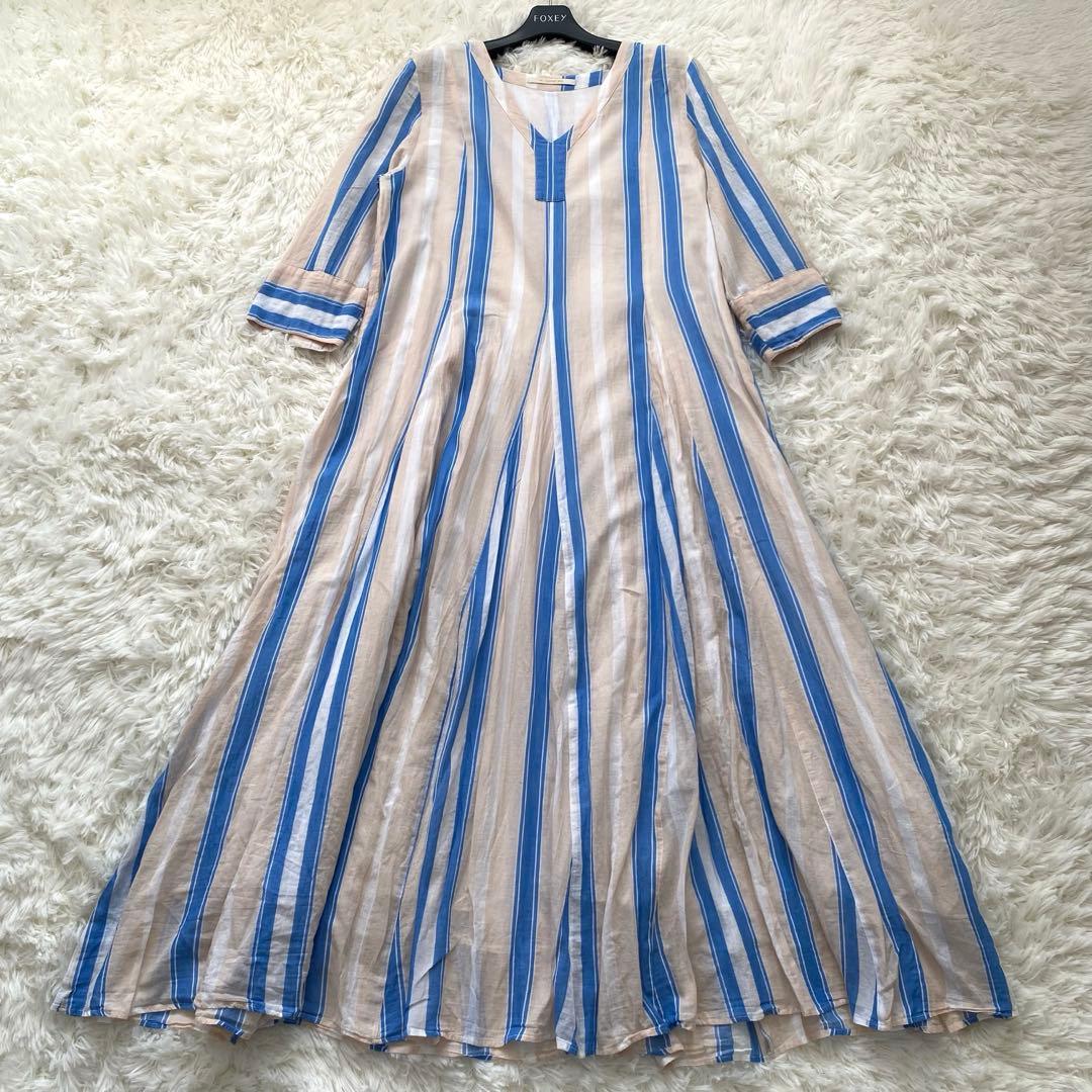 美品✨ヌキテパ　ロングワンピース　ストライプ　長袖　Vネック　フレア　コットン