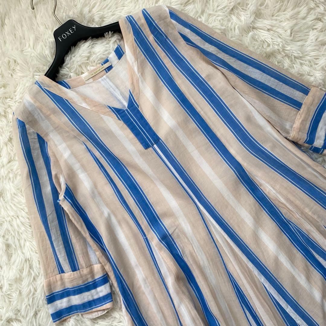 美品✨ヌキテパ　ロングワンピース　ストライプ　長袖　Vネック　フレア　コットン
