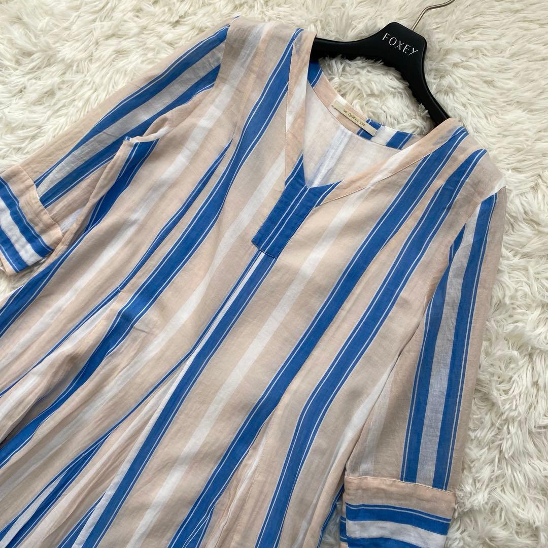 美品✨ヌキテパ　ロングワンピース　ストライプ　長袖　Vネック　フレア　コットン